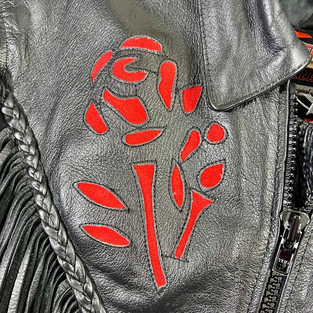 🚫SOLD! 🏍️🌹|•INTERSTATE LEATHER•| Rose Inlay Fringe Heavy Black Leather Jacket Si - Picture 4 of 15
